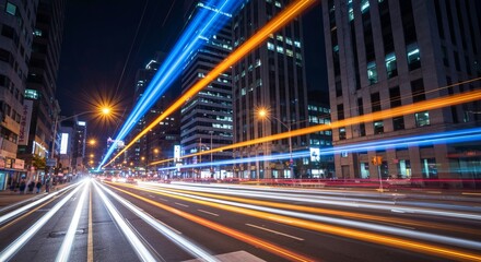 Obraz premium Electric City Nights Vibrant Long Exposure of Colorful Car Trails Illuminating Urban Streetscape