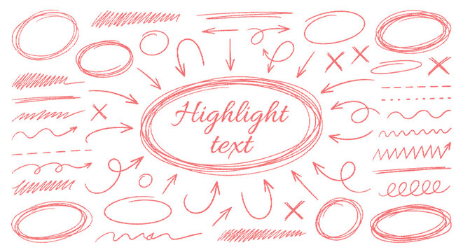 Red pen strokes forming round circle underline shapes with hand drawn doodle arrow elements creating vector set kit bundle for highlight text using scribble oval lines in playful layout.