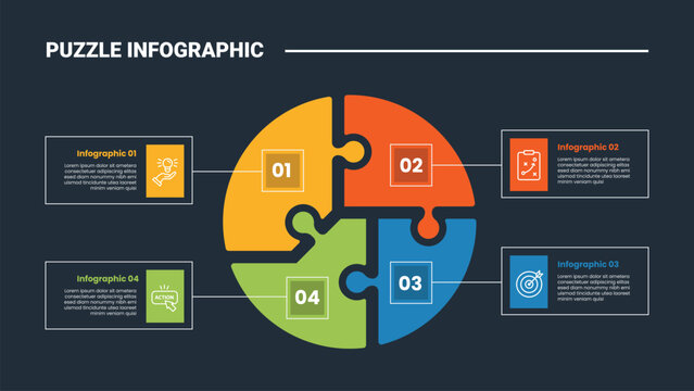puzzle or jigsaw infographic process diagram with big circle unbalance smooth cut with square box container with dark background bright outline style 4 points