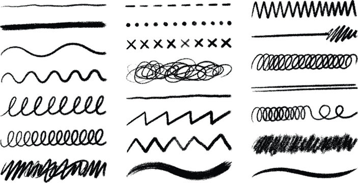Black grunge brush stoke set. Hand drawn crayon underline, zigzag, dash line collection. Wet or dry pastel pencil doodle scribble bundle. Vector rough chalk charcoal sketch scrawls, waves and zig zag