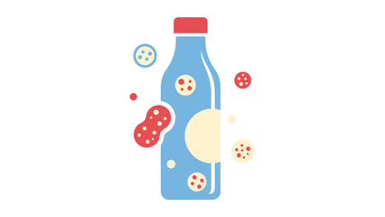 Creative flat graphic of a blue glass bottle with a red cap, surrounded by stylized representations of germs and bacteria, suggesting contamination or treatment.