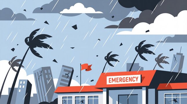 Hurricane Emergency Hospital During Severe Storm with High Winds and Heavy Rain.