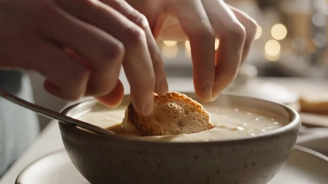 Cozy close-up of a person dipping toasted bread into a bowl of creamy, steaming soup at home