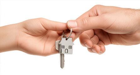 a hand handing over a house key to another hand, isolated on a transparent background, 