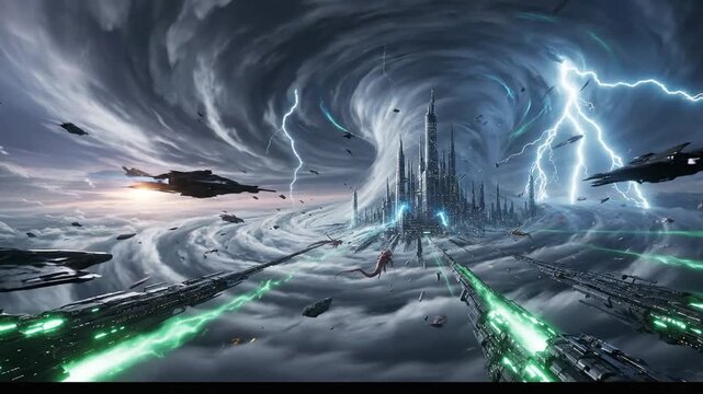 Swirling storm over futuristic city, ships, lightning