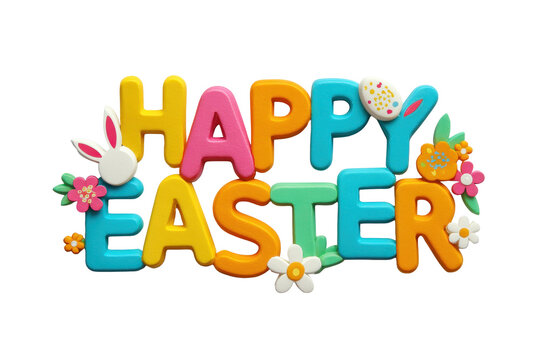 Happy Easter text in bright playful letters with small egg and flower accents, sticker like layered depth, clean cutout edges and soft shadow isolated on transparent background