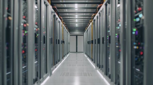 Long corridor of a server room with rows of computer servers and storage units in a data center with a clean and modern design.