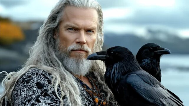 Elderly Norse leader with long grey hair, majestic beard, a piercing gaze. Two ominous ravens perch by his side. Supreme Germanic deity of war, wisdom, Valhalla.
