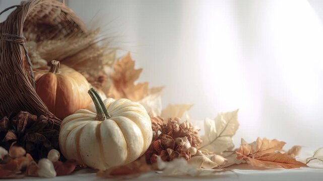 A basket holds orange and white pumpkins, surrounded by autumn leaves. The autumn leaves complement the pumpkins, creating a seasonal atmosphere.