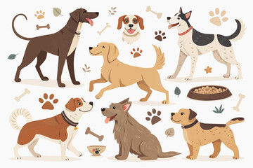 Fototapeta premium Diverse group of dogs in various breeds and poses with pet accessories on white background