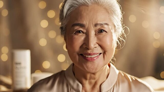 Smiling mature woman with gray hair and a glowing complexion promotes inner beauty products