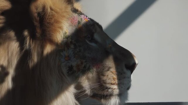 The lion displays a calm demeanor, with floral patterns on its fur. The lion's profile is accentuated by light and shadow, highlighting its features.