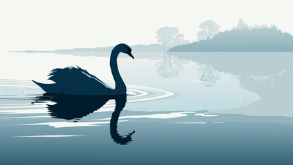 Serene black swan gliding across calm lake with trees in background