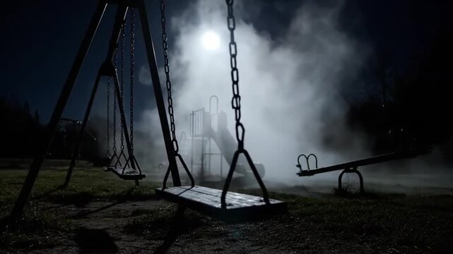 A swing set sits abandoned in a playground at night with fog and a full moon shining through, casting eerie shadows on the ground.
