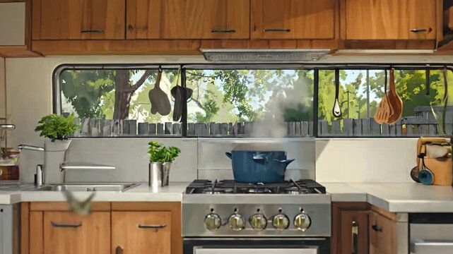 The interior of a camper van is shown with a fully equipped kitchen and open doors, inviting outdoor living.