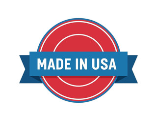 A circular red emblem with a blue banner displaying 'MADE IN USA' on a white background viewed from a straightforward perspective
