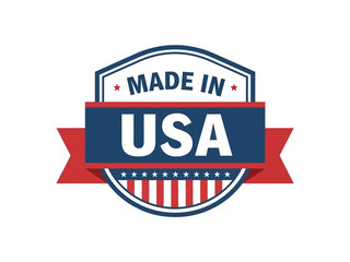American Made Product Badge with Red Ribbon and Striped Pattern