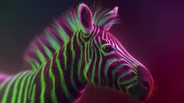The image depicts a zebra with vibrant, neon stripes. The zebra's striking coat features bold patterns in colors that enhance its unique appearance.