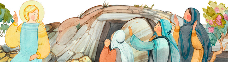 Fototapeta premium Angel announcing resurrection to women at the tomb on transparent background. Easter story illustration, religious greeting card.