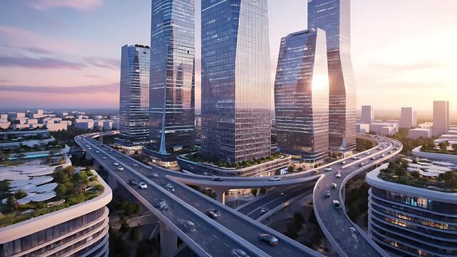 Modern Futuristic Cityscape with Sleek Glass Skyscrapers at Sunset