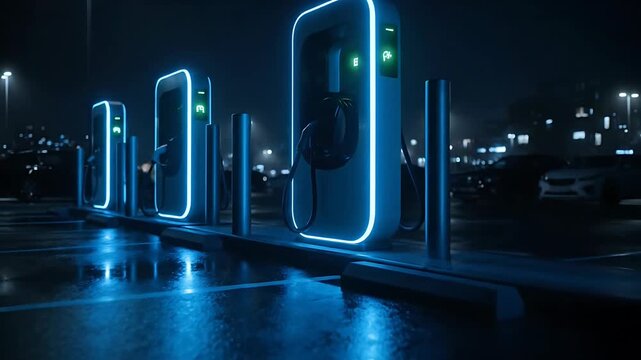 Modern Electric Vehicle Charging Station at Night with Neon Glow