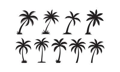 Fototapeta premium A diverse collection of black palm tree silhouettes with varying shapes and tropical foliage