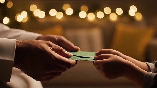 Cinematic close-up of adult hands giving a green Islamic patterned envelope to a child's hands. Warm festive blurred background, celebrating Eid al-Fitr tradition.