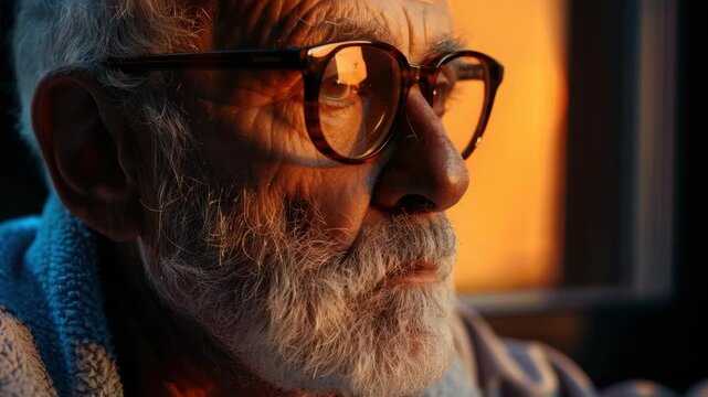 An elderly man with a full beard and mustache wearing glasses, lost in his thoughts. He has wrinkles on his face indicating wisdom gained from life's experiences.