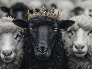 Fototapeta premium A black sheep adorned with a golden, ornate crown stands amidst a flock of white sheep, creating a striking contrast.