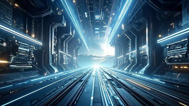 Futuristic train station with glowing lights and sleek design creates a sense of speed and innovation.