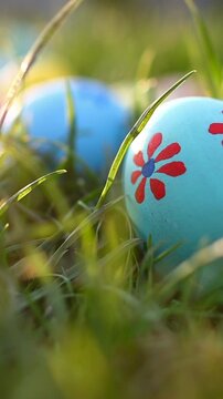  Colorful Easter eggs on green grass in sunlight. Vertical