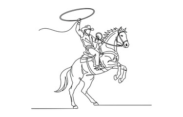 Fototapeta premium Continuous one line drawing cowboy throwing lasso riding rearing up horse.