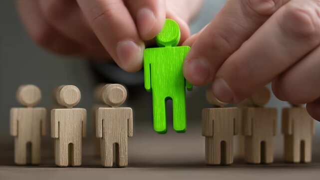 A hand picks up one green wooden human figurine from a number of others. Recruitment and personality concept