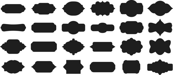 Obraz premium Black Silhouette Label Collection Featuring 24 Unique Ornamental Shapes for Tags, Stickers, and Packaging Design