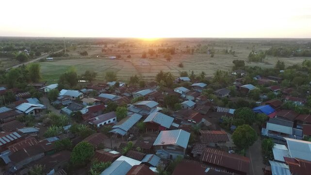 Aerial view of a traditional Thai village near Wat Phra That Phanom, Nakhon Phanom, Thailand.