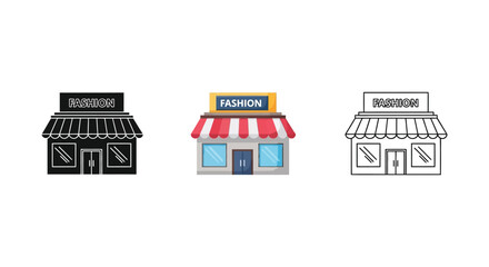 Naklejka premium Set of three fashion store icons in flat color, silhouette, and outline styles