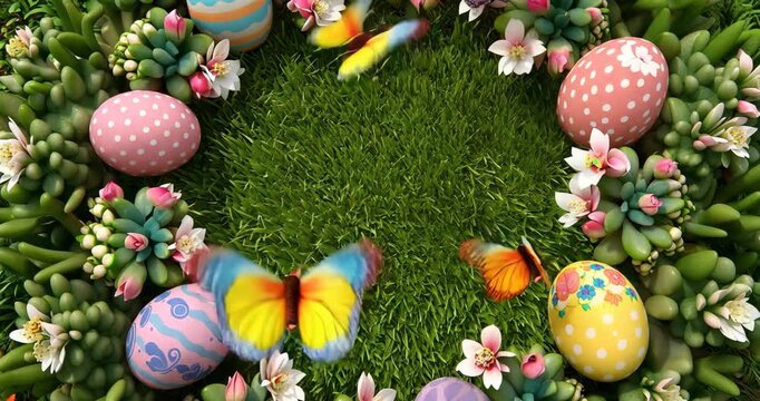 Colorful easter eggs arranged in a vibrant green grass