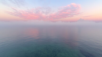Obraz premium A serene dawn scene with calm lake water reflecting a pastel pink and blue sky through ethereal mist, perfect for dreamy advertising backdrops