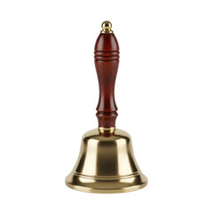 hyper-detailed macro shot of an antique polished brass handbell, featuring an ornate mahogany handle, isolated on a transparent background. concept of classic notification tool
