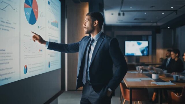 Confident Businessman Presenting Financial Data on Large Screen in Meeting