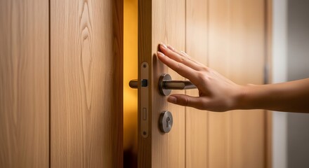 Obraz premium A human hand gently opening a modern wooden door to an inviting aroma room, representing a peaceful rest and relaxation concept with a warm and welcoming ambiance