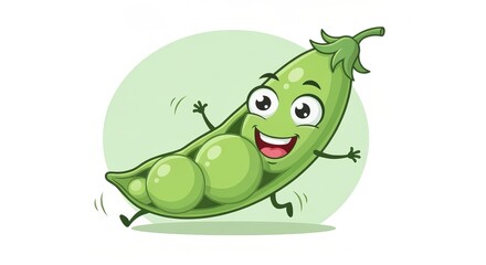 Naklejka premium Cheerful Cartoon Pea Pod Mascot with Expressive Eyes and Playful Limbs on Mint Green Background
