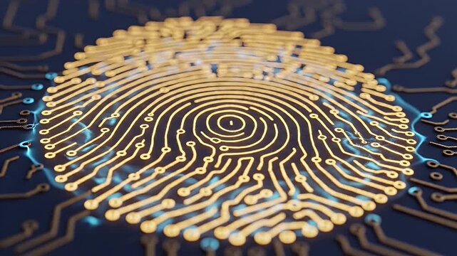 Golden fingerprint on a circuit board background.