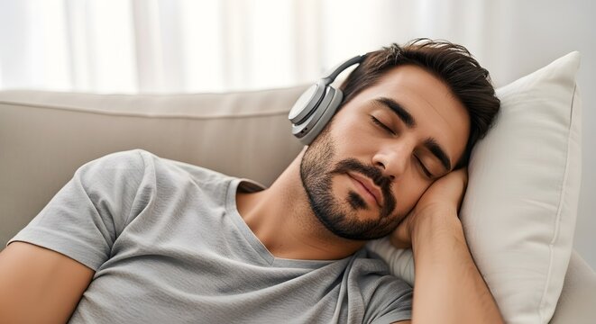 A serene young man napping soundly with comfortable headphones on a soft pillow, embodying a tranquil rest and relaxation concept