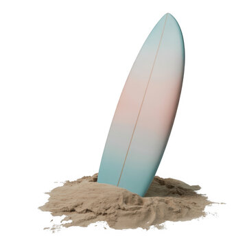 Pastel Blue and Pink Surfboard on Sandy Beach isolated on a transparent background