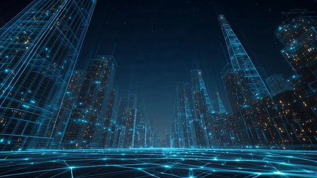 Futuristic cityscape with neon blue wireframe skyscrapers at night.