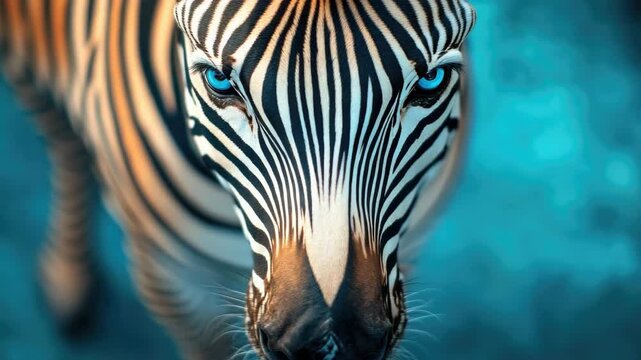 A close-up shot of a zebra's head with intense blue eyes against a blurred background.