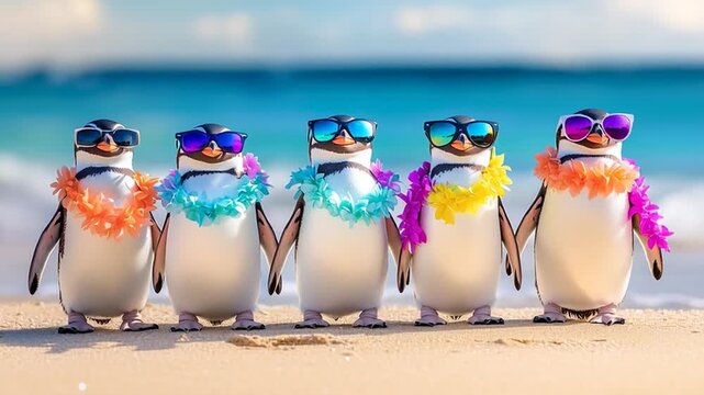 Dancing penguins wearing sunglasses and flower leis on a tropical beach, enjoying a travel getaway with exotic ocean waves, a paradise holiday atmosphere, and festive events.