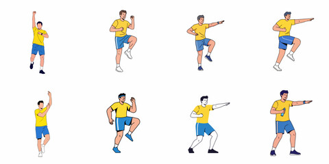Fototapeta premium Eight Flat Design Illustrations of a Young Man Performing Various Fitness and Exercise Movements Including Cardio and Stretching Routines.