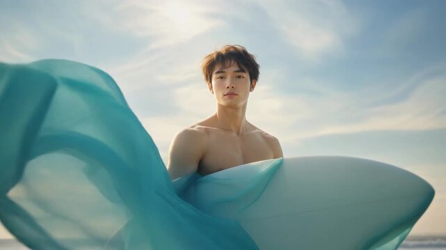 Shirtless male surfer holding a white surfboard on a sandy beach at sunrise, wrapped in flowing blue fabric moving gently in the wind, calm expression, minimal motion, loopable lifestyle video